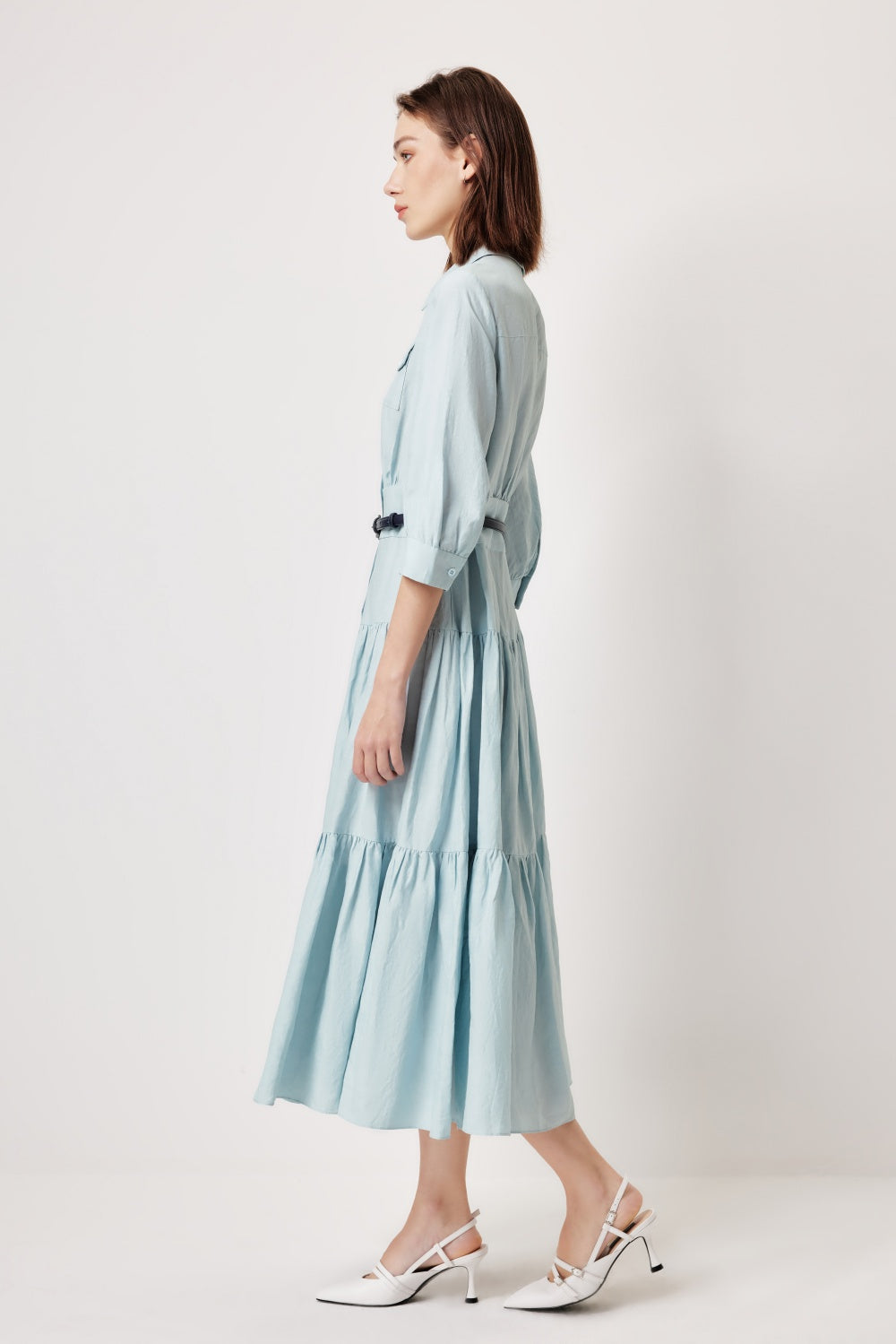 MARYLING 아이스 블루 리넨 블렌드 드레스