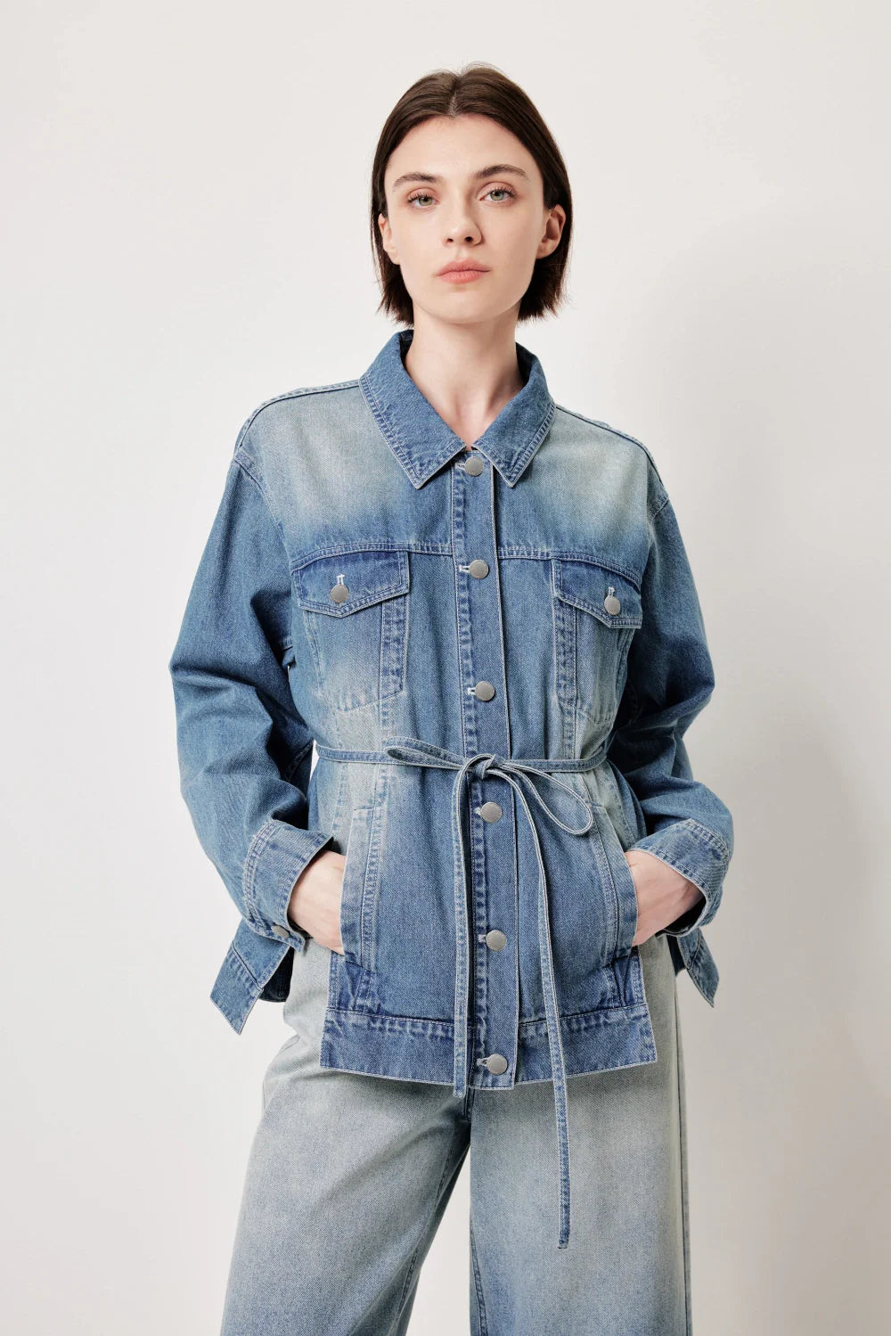 MARYLING 벨트 빈티지 워싱 데님 재킷
