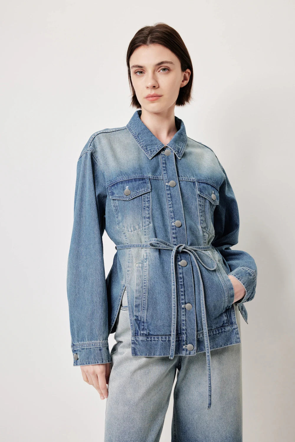 MARYLING 벨트 빈티지 워싱 데님 재킷